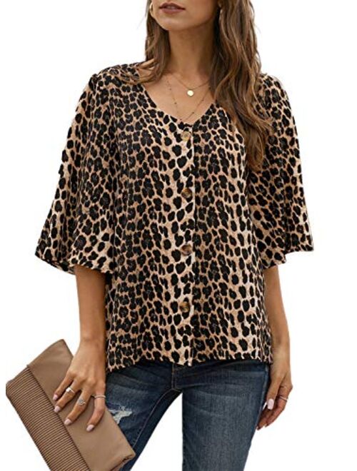 Ecrocoo Women's Casual 3/4 Tiered Bell Sleeve V Neck Print Button Down Loose Tops Blouses Shirt