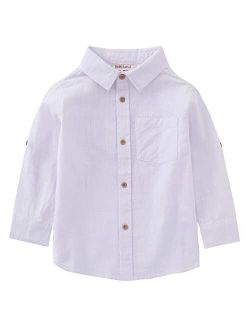 MOMOLAND Little Big Boys Long Sleeve Mandarin Collar Woven Cotton Button Down Linen Design Shirt Solid