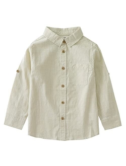 MOMOLAND Little Big Boys Long Sleeve Mandarin Collar Woven Cotton Button Down Linen Design Shirt Solid