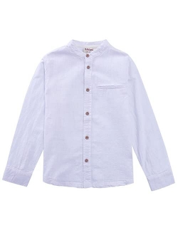 MOMOLAND Little Big Boys Long Sleeve Mandarin Collar Woven Cotton Button Down Linen Design Shirt Solid