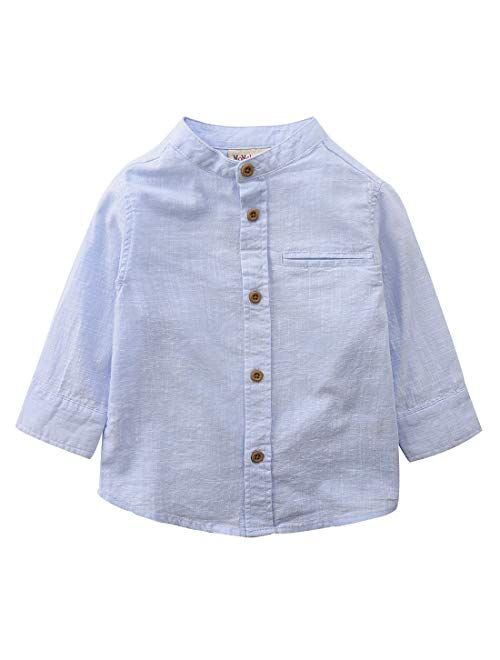 MOMOLAND Little Big Boys Long Sleeve Mandarin Collar Woven Cotton Button Down Linen Design Shirt Solid