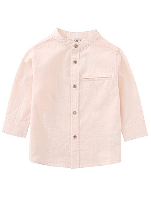 MOMOLAND Little Big Boys Long Sleeve Mandarin Collar Woven Cotton Button Down Linen Design Shirt Solid