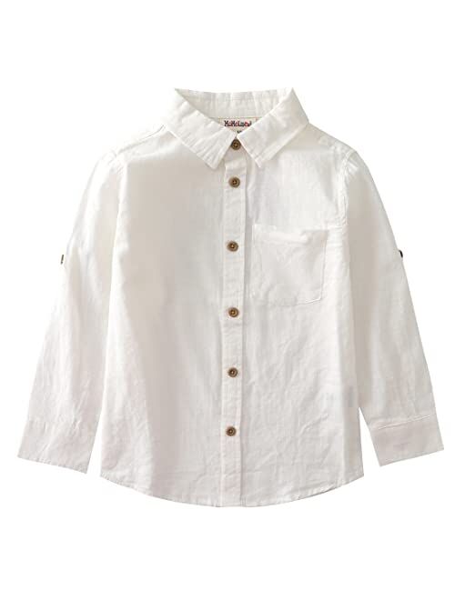 MOMOLAND Little Big Boys Long Sleeve Mandarin Collar Woven Cotton Button Down Linen Design Shirt Solid