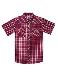 Cheerboy Boy's Toddler Kids Casual Short Sleeve Western Pearl Snap Button Plaid Shirt 4-16 Years