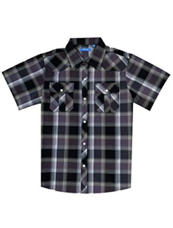 Cheerboy Boy's Toddler Kids Casual Short Sleeve Western Pearl Snap Button Plaid Shirt 4-16 Years