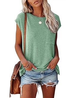 NANYUAYA Women's Short Sleeve Tunic Tops Summer Basic Loose Solid Color Shirts Casual Tee with Pocket