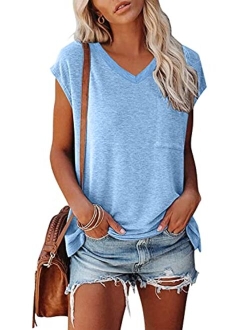 NANYUAYA Women's Short Sleeve Tunic Tops Summer Basic Loose Solid Color Shirts Casual Tee with Pocket