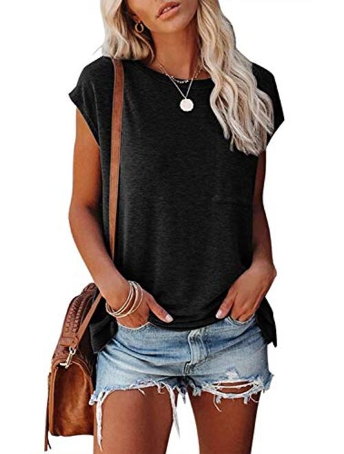 NANYUAYA Women's Short Sleeve Tunic Tops Summer Basic Loose Solid Color Shirts Casual Tee with Pocket