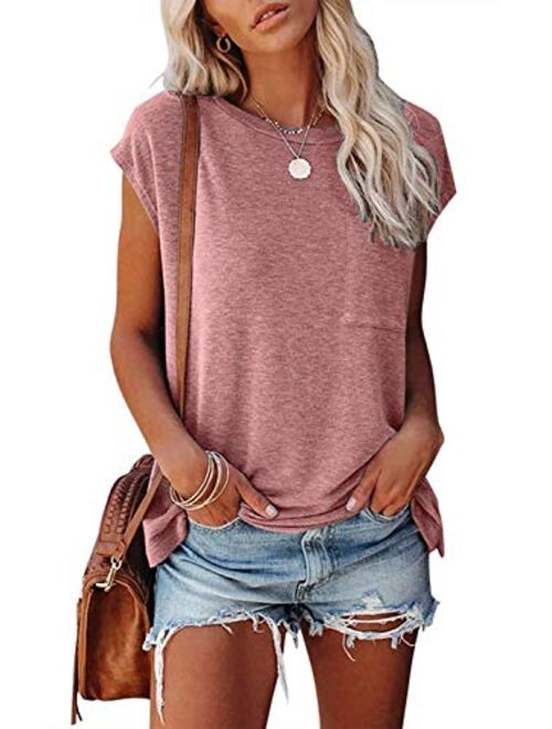 NANYUAYA Women's Short Sleeve Tunic Tops Summer Basic Loose Solid Color Shirts Casual Tee with Pocket