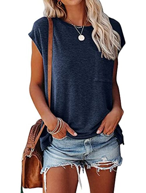 NANYUAYA Women's Short Sleeve Tunic Tops Summer Basic Loose Solid Color Shirts Casual Tee with Pocket