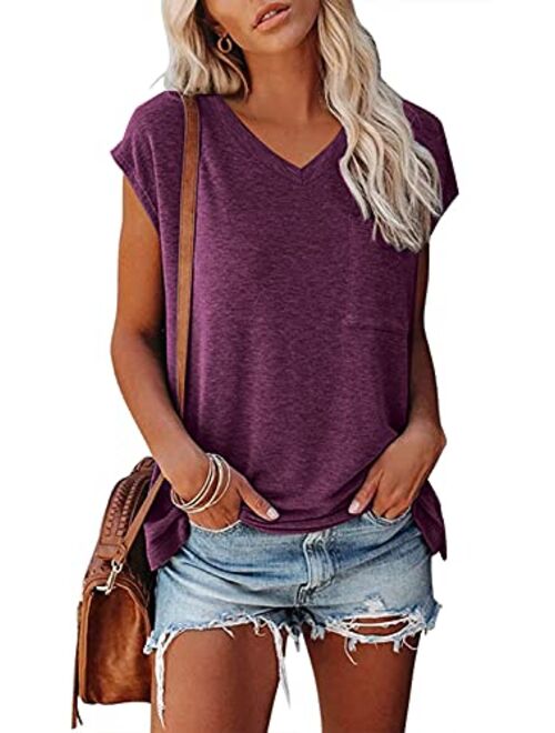 NANYUAYA Women's Short Sleeve Tunic Tops Summer Basic Loose Solid Color Shirts Casual Tee with Pocket