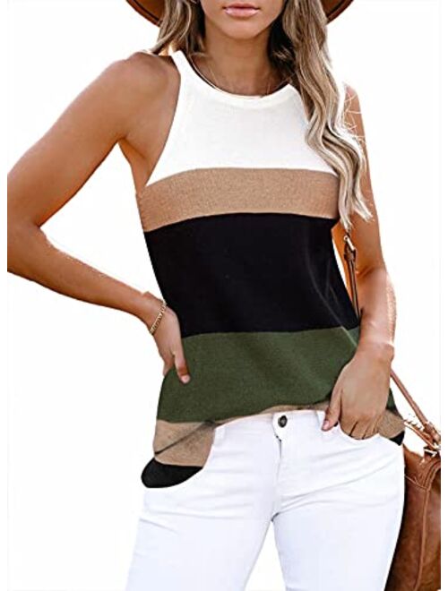 Zecilbo Womens Fashion Casual Tanks Summer Sexy V Neck Sleeveless Shirts Color Block Blouses Loose Cute Camis Tops