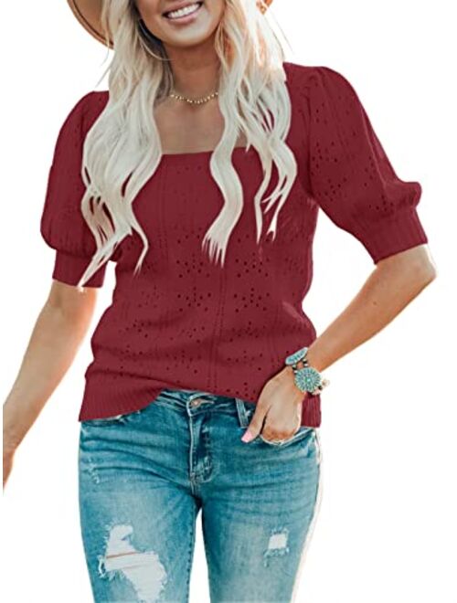 Saodimallsu Womens Cute Short Puff Sleeve Sweaters Loose Crew Neck Lightweight Pointelle Knit Pullover Shirts Tops