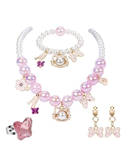 Coowayze 5PCS Girls Dress Up Jewelry Set, Including Charm Necklace and Bracelet, Clip on Earrings and Ring, Pretend Play Jewelry for Teen Girls Princess Costume, Cosplay 