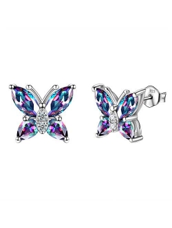 Aurora Tears Butterfly Jewelry Set,Women 925 Sterling Silver Butterflies Birthstone Pendant Necklace/Earrings/Rings Wedding Gift