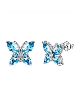 Aurora Tears Butterfly Jewelry Set,Women 925 Sterling Silver Butterflies Birthstone Pendant Necklace/Earrings/Rings Wedding Gift