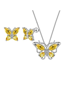 Aurora Tears Butterfly Jewelry Set,Women 925 Sterling Silver Butterflies Birthstone Pendant Necklace/Earrings/Rings Wedding Gift