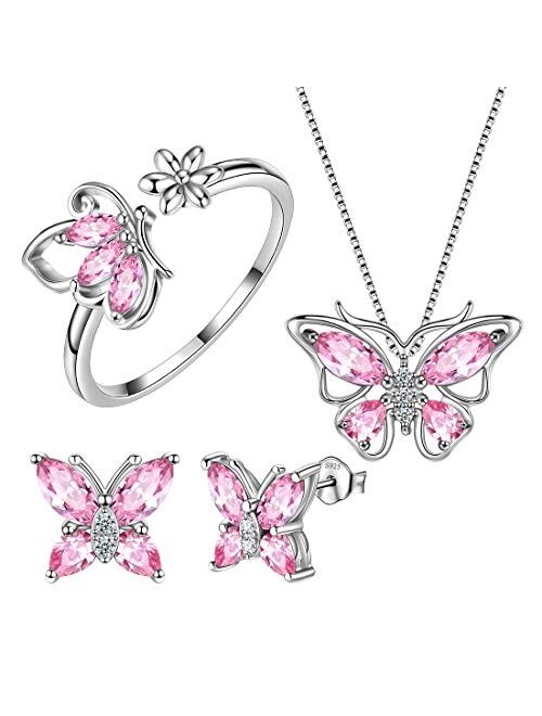 Aurora Tears Butterfly Jewelry Set,Women 925 Sterling Silver Butterflies Birthstone Pendant Necklace/Earrings/Rings Wedding Gift