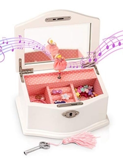 Art Lins Elle Jewelry Box - Ballerina Jewelry Organizer and Swan Lake Wind-Up Music Box for Girls and Teens, Accessories and Keepsake Wooden Storage with Lock and Mirror,