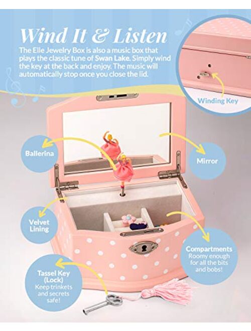 Art Lins Elle Jewelry Box - Ballerina Jewelry Organizer and Swan Lake Wind-Up Music Box for Girls and Teens, Accessories and Keepsake Wooden Storage with Lock and Mirror,