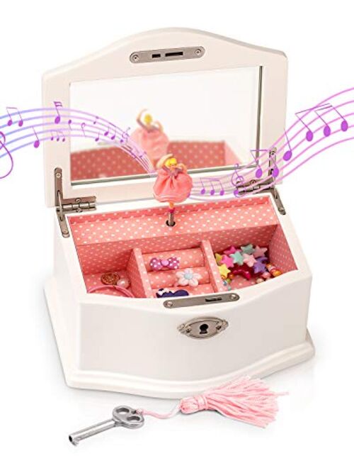 Art Lins Elle Jewelry Box - Ballerina Jewelry Organizer and Swan Lake Wind-Up Music Box for Girls and Teens, Accessories and Keepsake Wooden Storage with Lock and Mirror,