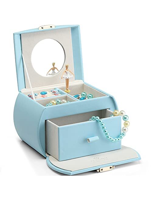 Vlando Kids Musical Jewelry Box for Girls with Drawer, Music Box with Ballerina and Stickers for Birthday Gifts Bedroom Decor Gift