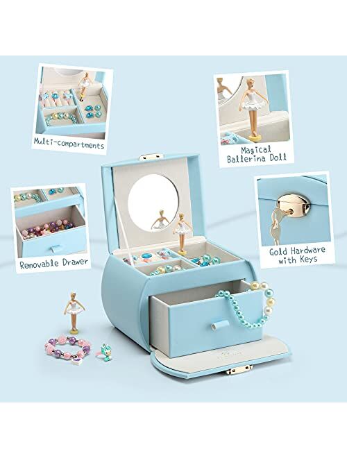 Vlando Kids Musical Jewelry Box for Girls with Drawer, Music Box with Ballerina and Stickers for Birthday Gifts Bedroom Decor Gift