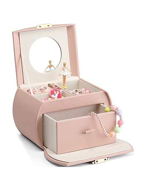 Vlando Kids Musical Jewelry Box for Girls with Drawer, Music Box with Ballerina and Stickers for Birthday Gifts Bedroom Decor Gift