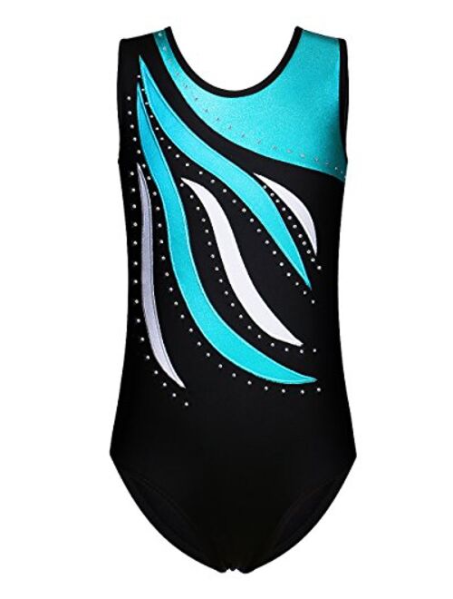 BAOHULU Leotards Girls Gymnastics Embroidery Shiny Aqua Rose Diamond Dance Clothes