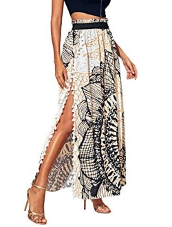 Women's Summer Boho Floral Print Fringe Split Thigh Full Length Maxi Skirt