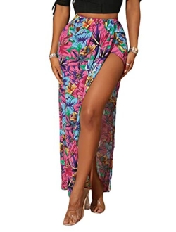 Women's Summer Boho Floral Print Fringe Split Thigh Full Length Maxi Skirt