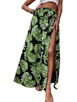 Women's Summer Boho Floral Print Fringe Split Thigh Full Length Maxi Skirt