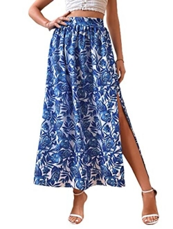 Women's Summer Boho Floral Print Fringe Split Thigh Full Length Maxi Skirt