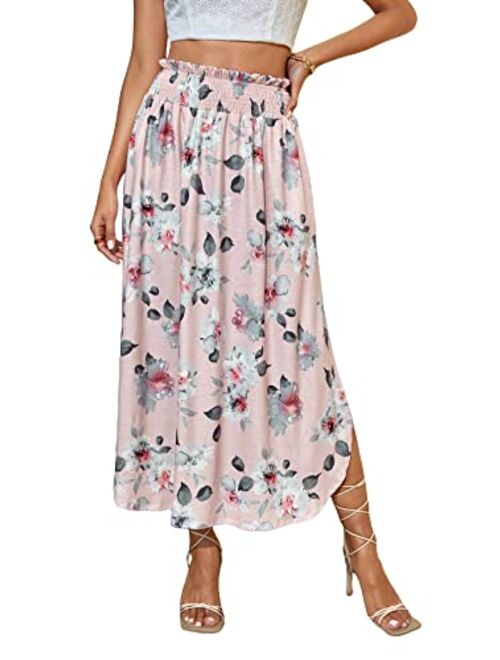 SheIn Women's Summer Boho Floral Print Fringe Split Thigh Full Length Maxi Skirt