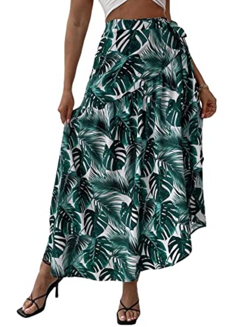 SheIn Women's Summer Boho Floral Print Fringe Split Thigh Full Length Maxi Skirt