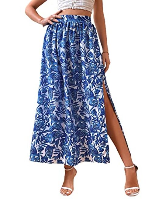 SheIn Women's Summer Boho Floral Print Fringe Split Thigh Full Length Maxi Skirt