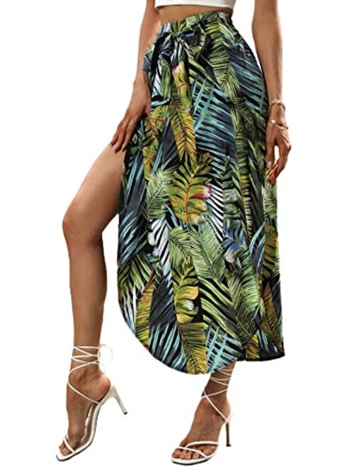 SheIn Women's Summer Boho Floral Print Fringe Split Thigh Full Length Maxi Skirt