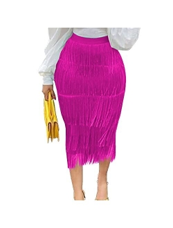 AOMEI Women's High Waist Fringe Tiered Bodycon Pencil Midi Skirt