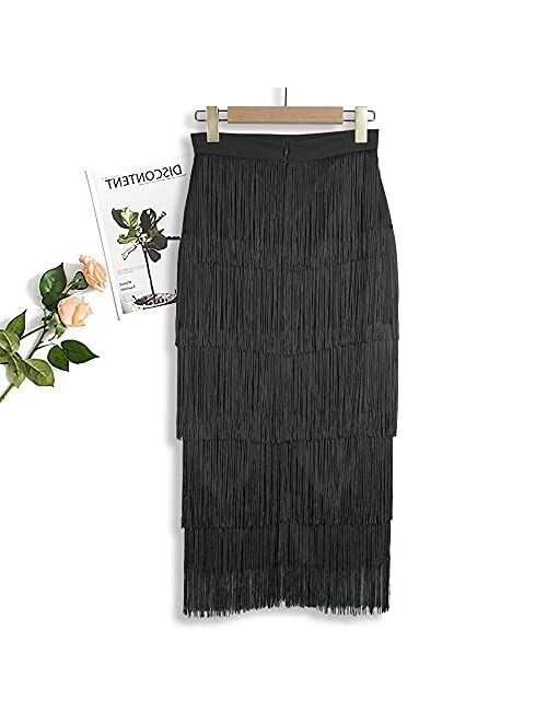 AOMEI Women's High Waist Fringe Tiered Bodycon Pencil Midi Skirt