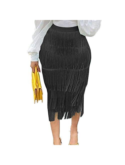 AOMEI Women's High Waist Fringe Tiered Bodycon Pencil Midi Skirt