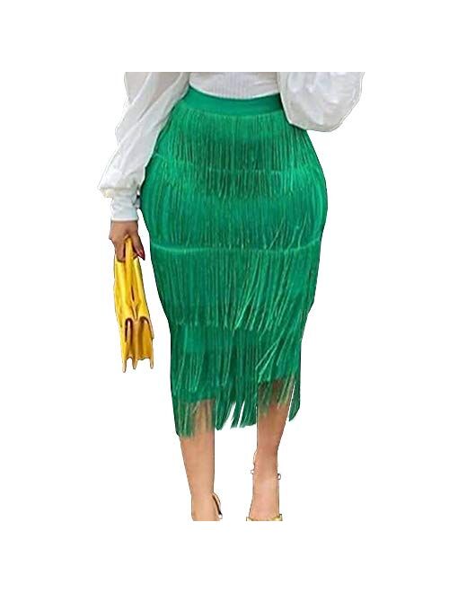 AOMEI Women's High Waist Fringe Tiered Bodycon Pencil Midi Skirt