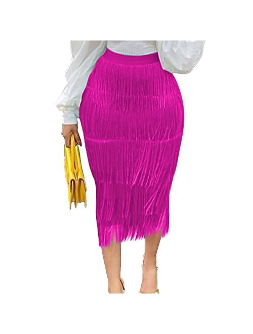 AOMEI Women's High Waist Fringe Tiered Bodycon Pencil Midi Skirt