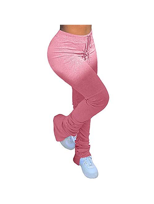 Kokay Womens Stacked Leggings Pants, Ladies Casual High Waist Sweatpants Solid Color Split Hem Flare Pants, Workout Active Pants