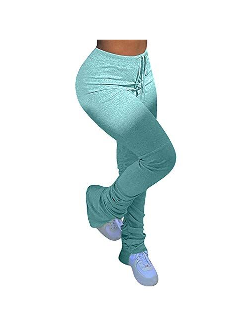 Kokay Womens Stacked Leggings Pants, Ladies Casual High Waist Sweatpants Solid Color Split Hem Flare Pants, Workout Active Pants