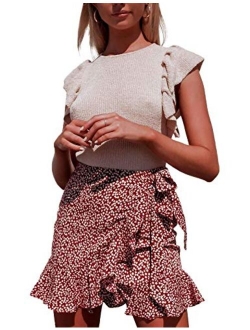 Relipop Women's Stretchy Cotton Floral/Polka Dot High Waist Ruffle Wrap Tie Knot Fishtail Mini Short Skirt