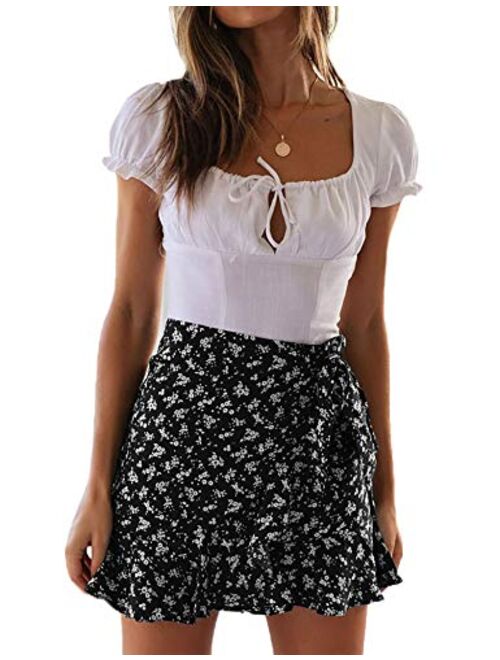 Relipop Women's Stretchy Cotton Floral/Polka Dot High Waist Ruffle Wrap Tie Knot Fishtail Mini Short Skirt