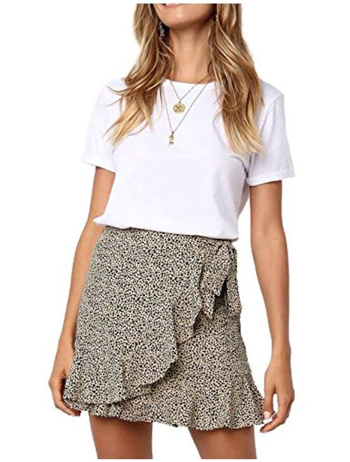 Relipop Women's Stretchy Cotton Floral/Polka Dot High Waist Ruffle Wrap Tie Knot Fishtail Mini Short Skirt