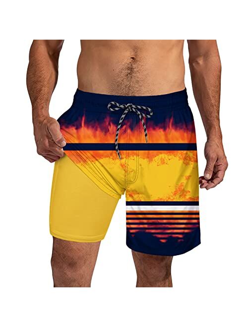 Cozople Mens Swim Trunks with Compression Liner Quick Dry 7'' Swimwear Swim Shorts Phone Pocket