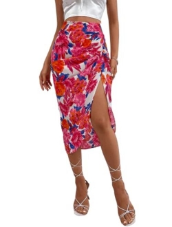 Women's Fold Pleated Asymmetrical Split Thigh High Waist Midi Ruched Skirt