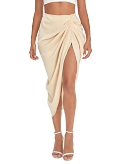 Women's Fold Pleated Asymmetrical Split Thigh High Waist Midi Ruched Skirt